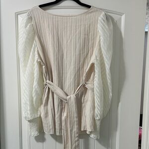 Beige and White Textured Blouse with Tie Waist